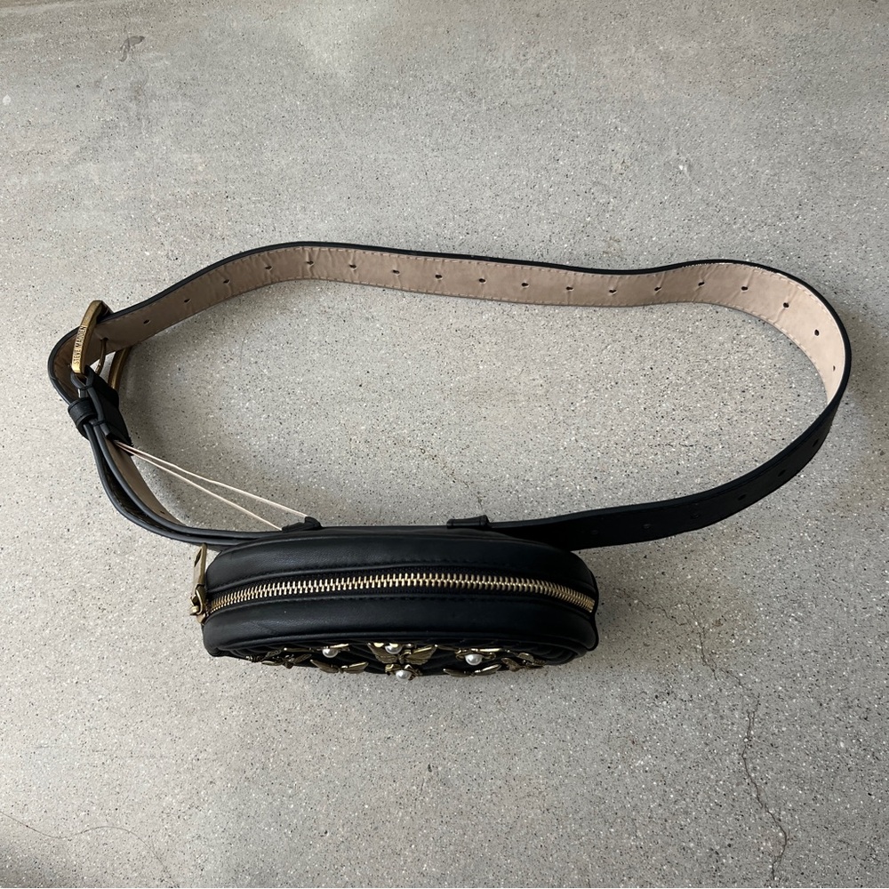 STEVEN MADDEN W-Bugged Bronze Butterfly Pearl Flowers Black Belt Bag Fanny Pack - Picture 11 of 15